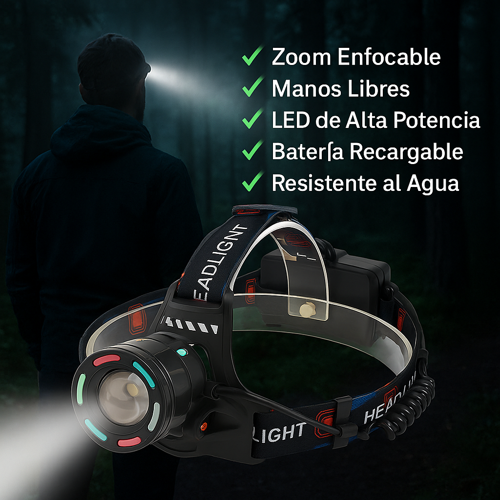 Linterna Frontal LED Recargable Profesional con Zoom y banda ajustable