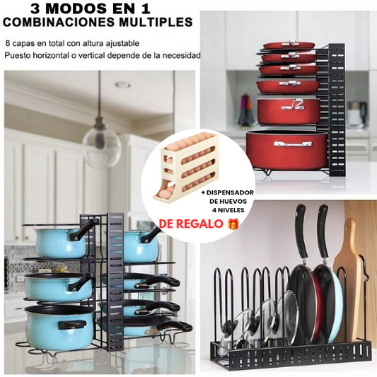 ORGANIZADOR DE OLLAS Y TAPAS 3 EN 1 + DISPENSADOR DE HUEVOS