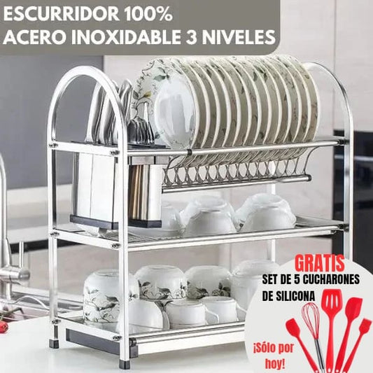 💦 Escurridor 100% de acero inoxidable 3 niveles + Set de 5 Utensilios GRATIS 🎁